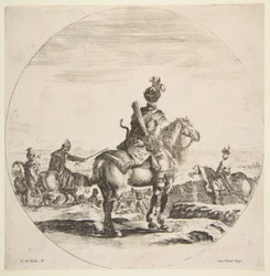 Cavalier polonais avec un arc et des flèches, vu de dos avec son cheval tourné vers la droite, un..., vers 1651