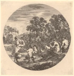 Une famille de satyres jouant de la musique et dansant, feuille n° 6 de la série « Six motifs animaliers en représentation circulaire »