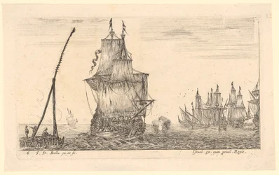 Paysage marin avec un grand navire et un phare au premier plan