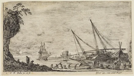 Paysages maritimes : port maritime avec des marins et des ouvriers transportant des troncs d
