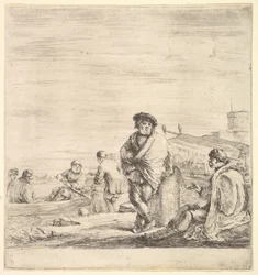 Marin debout au centre parlant à un homme levantin assis à gauche, vu de profil, vers 1658-63