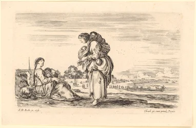 Une femme debout, avec deux enfants dans des écharpes porte-bébé, parle à une femme assise avec un enfant
