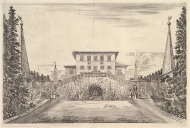 La villa au centre flanquée de quatre obélisques, un escalier de chaque côté, une statue, vers 1653