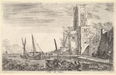 Tour de Calais, tour à droite, deux navires en mer à gauche et au centre, 1647