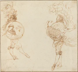 Deux hommes en costumes de mascarade : La Terre et un casque de parade