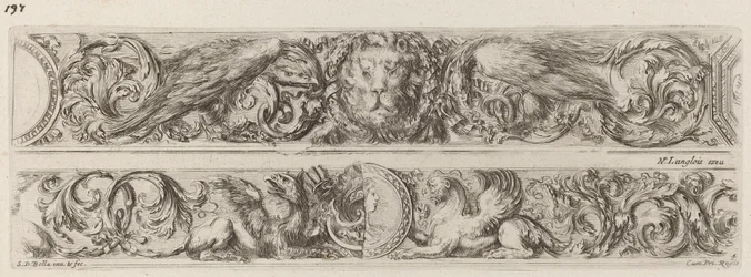 Deux bandes ornementales avec tête de lion et femme, probablement 1648