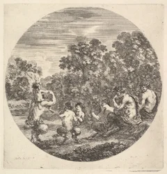Deux satyres et un faune assis à droite regardant deux enfants satyres et un autre satyre..., ca. 1643-48