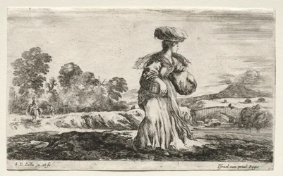 Divers personnages et paysages : Paysanne portant un panier sur la tête