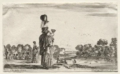 Diverses figures et paysages : femmes regardant des baigneurs le long d