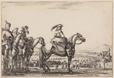 Divers personnages (Varie figure) : armée en marche dans la plaine. Sur la butte au premier plan, le commandant et ses accompagnateurs ; à droite, un trompettiste.