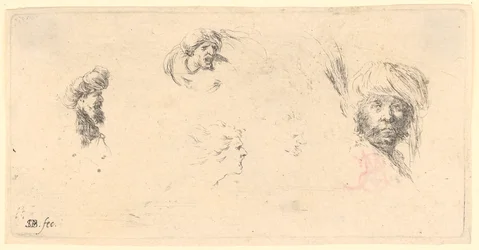 Diverses études de têtes ; à droite, un homme à la peau foncée portant un turban