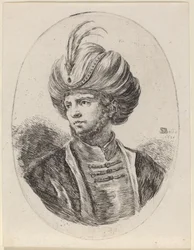 Jeune Maure avec une légère barbe et un turban à plumes, tourné vers la gauche