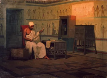 Prêtre égyptien lisant un papyrus