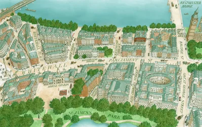 Whitehall édouardien, Londres, vers 1890-1905 (dessiné en 1995)
