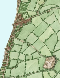 Lambeth et Vauxhall vers 1600, avec insertion du château médiéval de Kennington, 2021 (encre et aquarelle, numérique)