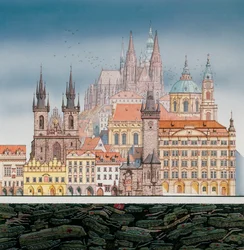 Bâtiments de Prague et chars russes, vers 1980-1991
