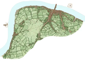 La rive sud, Londres, entre Vauxhall et Bermondsey vers 1600, 2021 (encre et aquarelle, numérique)