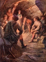 Highlanders armés assis autour du feu et faisant des plans pour Bonnie Prince Charlie