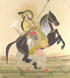 Maharana Sangram Singh chevauchant un étalon primé, vers 1712