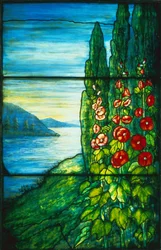Scène de lac avec roses trémières en fleurs (vitrail)