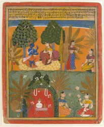 Krishna et Radha avec leurs confidentes: Page d