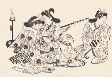 Samouraï et courtisane assis, un serviteur à côté d