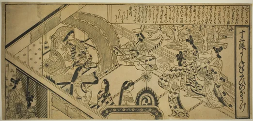 La rencontre de Yoshitsune avec la princesse Joruri, tirée de "Le conte de Joruri en douze épisodes (Joruri Junidan Zoshi)".