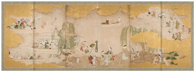 Pique-nique sous les cerisiers en fleurs et
Boating on the River, milieu du 18e siècle (Paire de paravents à six panneaux ; encre, couleur et or
sur papier)