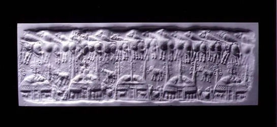 Impression de sceau cylindrique à poignée, Uruk (maintenant Warka, Irak), vers 3300-3000 av. J.-C.