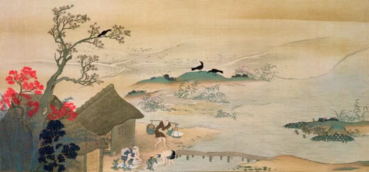 Paysans récoltant des légumes près de Kyoto au Moyen Âge, imprimé dans le magazine 