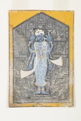 Une image de Vishnu entourée de bas-reliefs de ses avatars, c.1780 (gouache opaque et or sur papier)