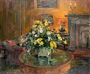 Table à tambour avec des fleurs jaunes