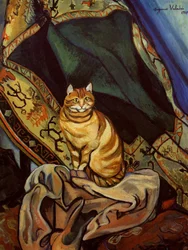 Le chat Raminou assis sur un tissu