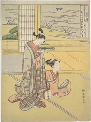 Un jeune homme et une jeune femme avec un shamisen; le moine Saigyō, d