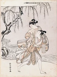 Couple sur les rives de la rivière, encre et couleurs, Japon, période Edo