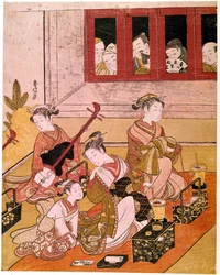 Courtisanes jouant de la musique, exposées aux regards des voyeurs. Estampe japonaise de Suzuki Harunobu (1725-1770). Vers 1769. Dimensions : 0,27 x 0,21 m. Paris, musée Guimet, Musée national des arts asiatiques