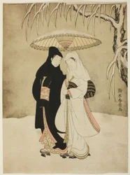 Amoureux sous un parapluie dans la neige