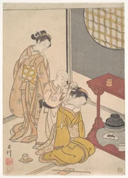 Pluie nocturne au présentoir à double étagère, de la série Huit vues de salon (Zashiki hakkei)