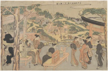 Osen de la maison de thé Kagiya au sanctuaire Kasamori avec vue sur Nippori à Yanaka