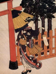 Pèlerinage par une nuit pluvieuse, estampe japonaise par Suzuki Harunobu (c.1724-1770)