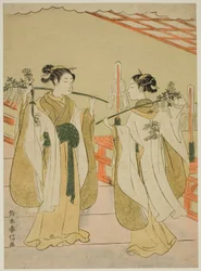 Les prêtresses Onami et Ohatsu dansant au sanctuaire Yushima Tenjin