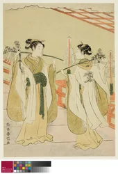 Les prêtresses Onami et Ohatsu dansant au sanctuaire Yushima Tenjin, vers 1769