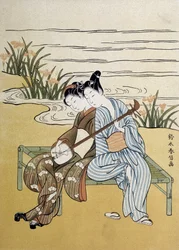 Le shamisen : couple jouant du shamisen (ou samisen : luth à manche long avec trois cordes) - par Harunobu, dans « Japon artistique », juillet 1890