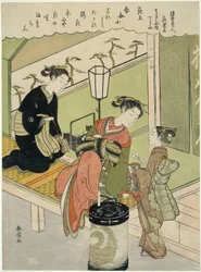 Pivoine arbustive : Chozan de Chojiya (Chojiya uchi Chozan, Kao), de la série "Parodies des beautés du monde flottant comme des fleurs (Ukiyo bijin hana mitate)"
