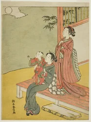 Deux femmes et un enfant regardant la pleine lune