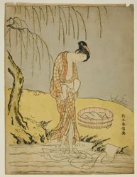 Lavage de linge dans un ruisseau
