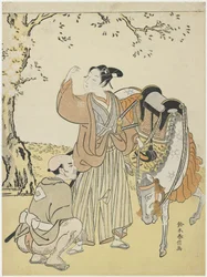 Jeune samouraï regardant les cerisiers en fleurs comme un Mitate du prince Kaoru, vers 1767