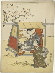 Jeune femme regardant les fleurs de cerisier comme un Mitate de Dame Nakanokimi, vers 1767