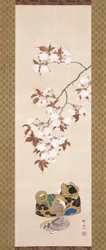 Cerises et boîte en forme de chien