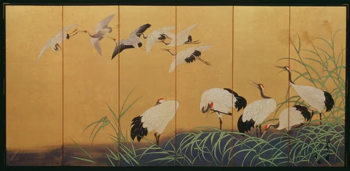 Écran à six volets représentant des roseaux et des grues, période Edo, Japonais, 19ème siècle